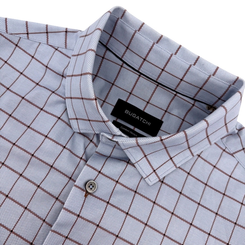 Bugatchi Button Down Shirt Mens L Blue Brown Check Short Sleeve Comfort Stretch